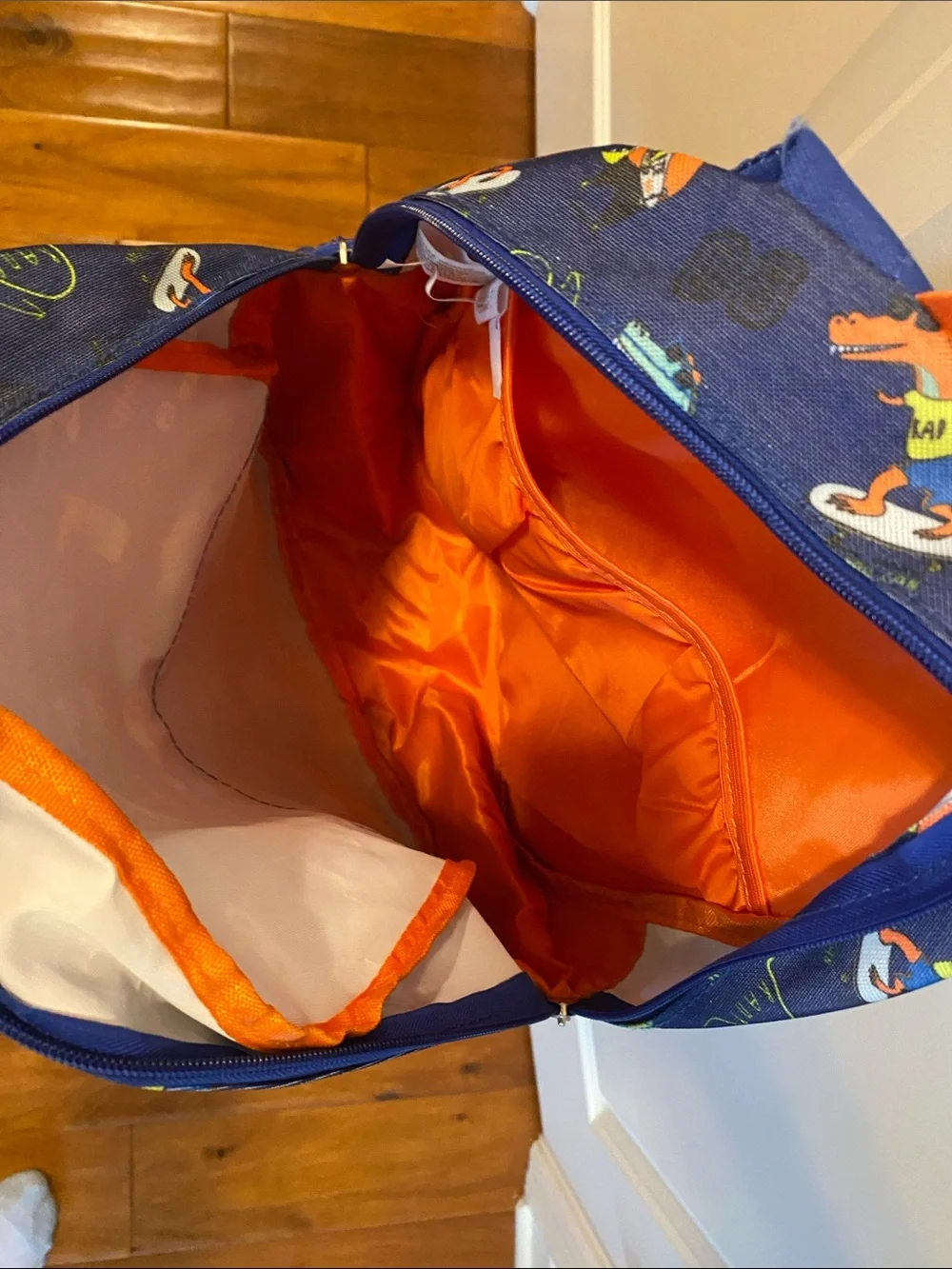 Kids Blue Skate Dog Print Backpack with Orange Accents